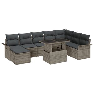 vidaXL Ensemble de canapé de jardin 9 pièces avec coussins gris en poly rattan