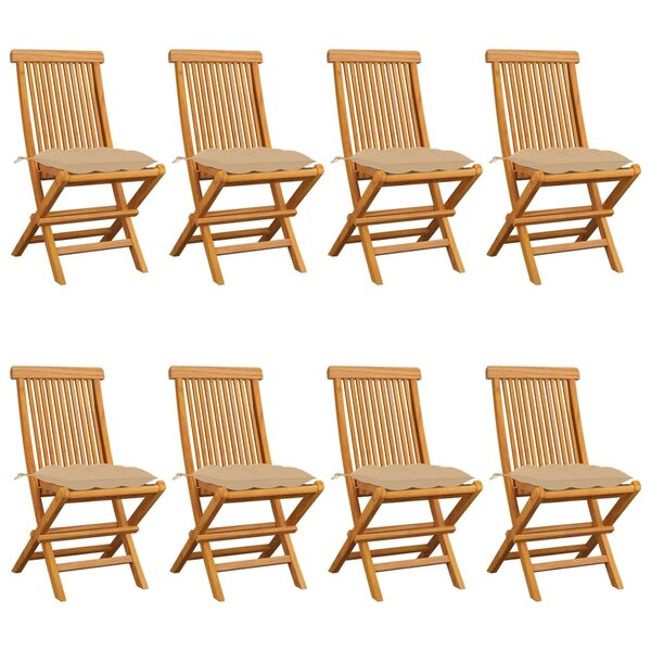 vidaXL Chaises de jardin et coussins beige lot de 8 Bois teck massif