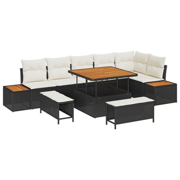 Set de Canapé de Jardin 9 pièces avec Coussins Noir Rattan Synthétique Acacia