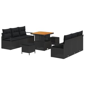 Ensemble de Canapés de Jardin de 9 Pièces avec Coussins Noir Rattan Acacia