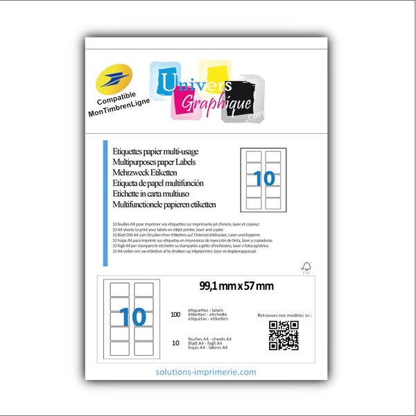 Lot de 10 planches de 10 étiquettes pour timbre 99,1 x 57 mm