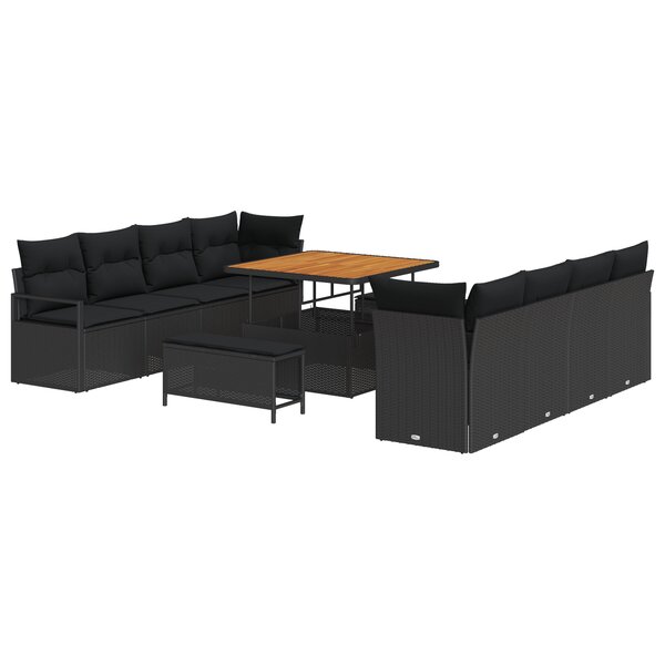 Set de Canapé de Jardin 11 Pièces avec Coussins Noirs en Poly Rattan Acacia