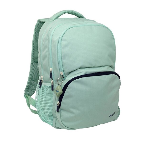 Sac à dos scolaire Milan Serie 1918 25L - 3 poches avant + 2 poches latérales - Poignées réglables et rembourrées - Taille 46 5x30x17cm - Couleur Vert