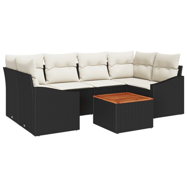 vidaXL Ensemble de canapé de jardin de 7 pièces avec coussins Noir Poly Rattan Acacia
