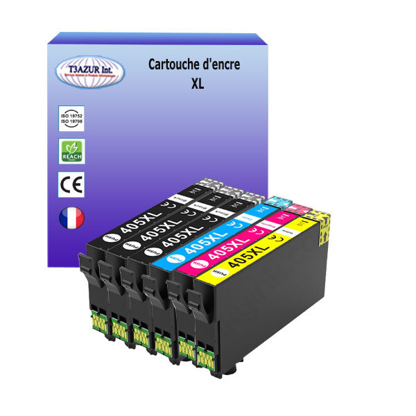 T3AZUR - 6 Cartouches compatibles avec Epson WorkForce Pro WF-4825  WF-4825DWF  WF-4830  405 XL (3N+1C+1M+1J)