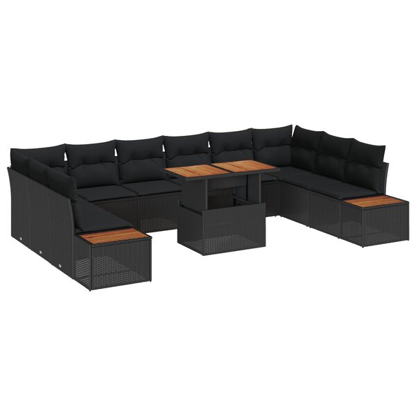 Ensemble de Canapé de Jardin de 11 pièces avec Coussins Noir Rattan Poly