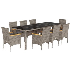 vidaXL Ensemble à manger de jardin et coussins 9 Pièces gris rotin verre