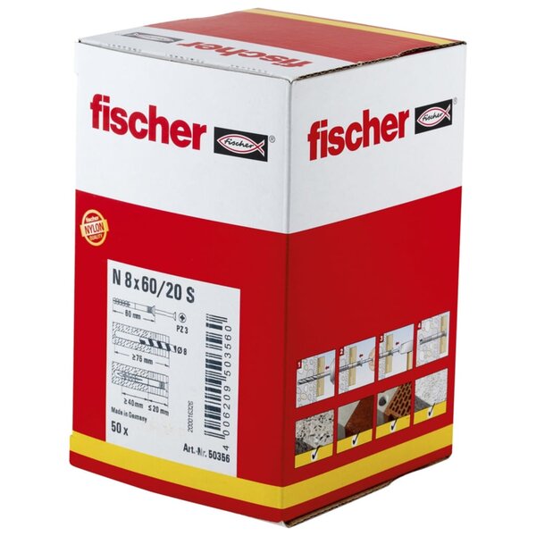 Fischer jeu de chevilles à tête fraisée hammerfix n8 x 60/20 s 50 pièces