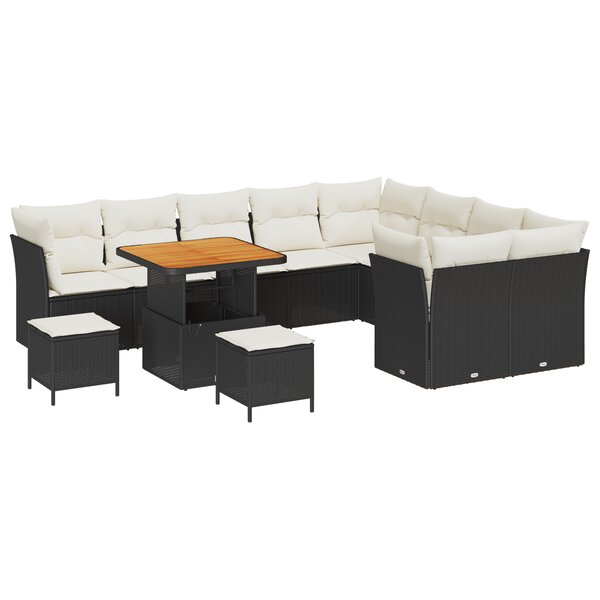 Ensemble de Canapés de Jardin de 12 Pièces avec Coussins Noir Poly Rattan Acacia