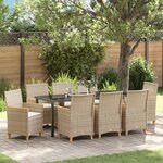 vidaXL Set de dining de jardin 9 pièces avec coussins Beige Poly Rattan