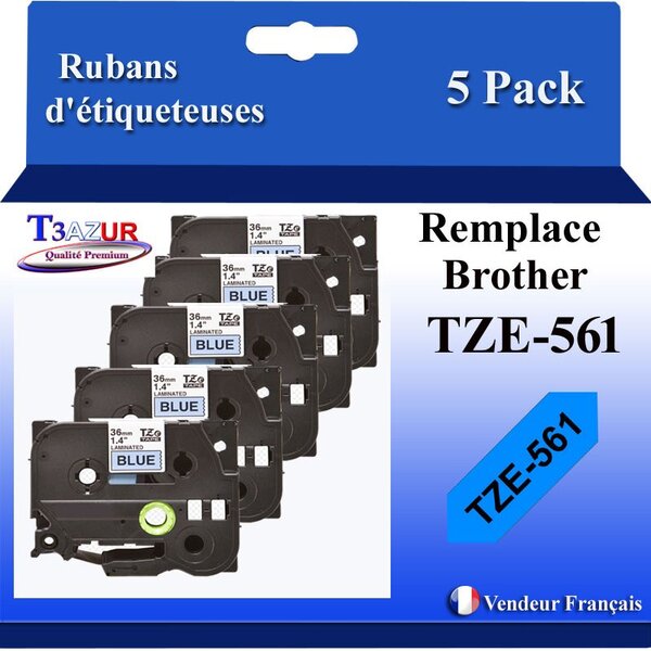5x Rubans d'étiqueteuses compatibles avec Brother Tze561  Tze-561 pour étiqueteuses P-touch - Texte noir sur fond bleu