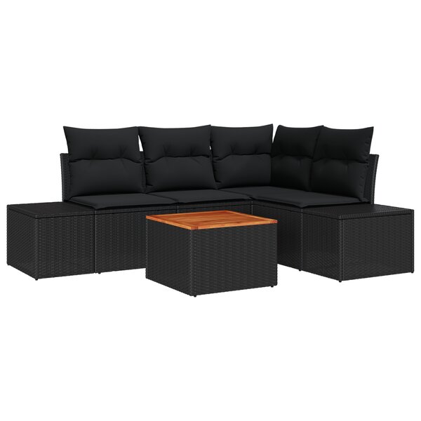 vidaXL Ensemble de canapé de jardin 5 pièces avec coussins en poly rattan noir et acacia