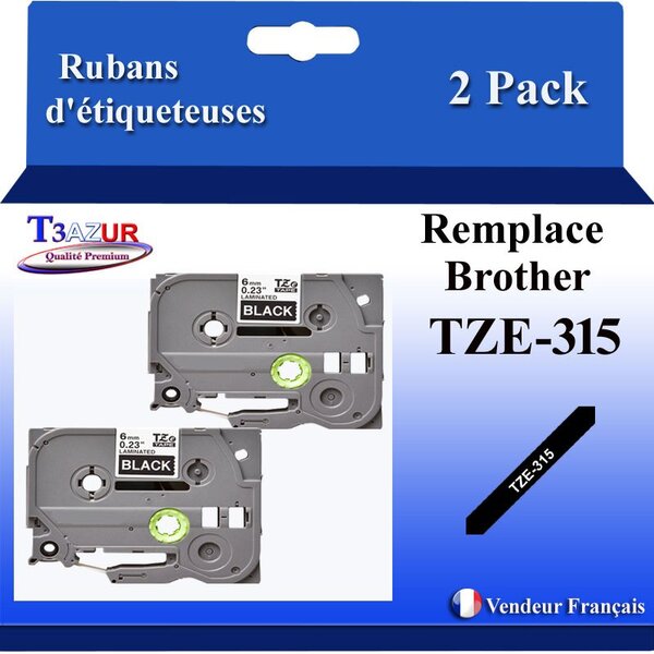 2x Rubans d'étiqueteuses compatibles avec Brother Tze315  Tze-315 pour étiqueteuses P-touch - Texte blanc sur fond noir - Largeur 6 mm x 8 mètres - T3AZUR