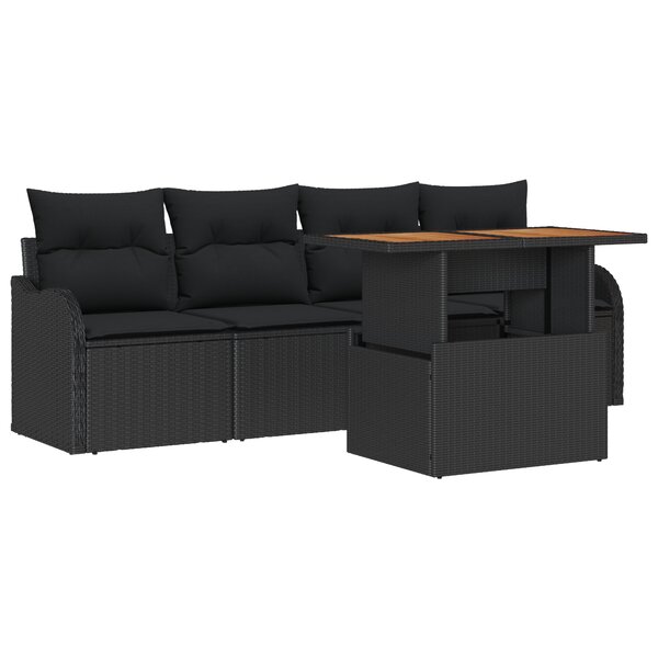 Ensemble de canapé de jardin 5 pièces vidaXL avec coussins en rotin poly noir Acacia