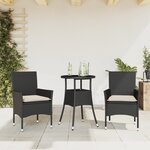 vidaXL Ensemble à manger de jardin et coussins 3 Pièces noir rotin verre