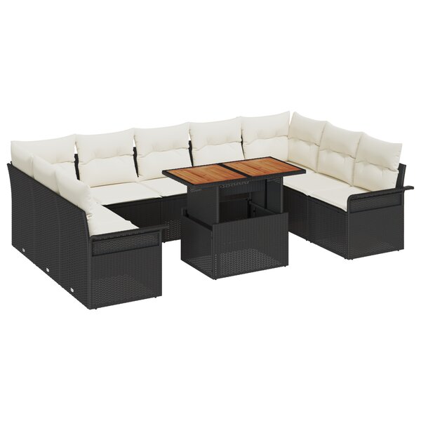 vidaXL Set de salle à manger jardin 10 pièces avec coussins noir poly rotin acacia