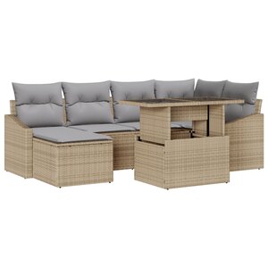 vidaXL Ensemble de Canapés de Jardin 7 Pièces avec Coussins Beige Poly Rattan