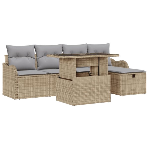 Ensemble de Canapé de Jardin 6 Pièces avec Coussins Beige Poly Rattan