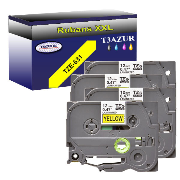 4 x Rubans d'étiquettes laminées générique Brother Tze-631 pour étiqueteuses P-touch - Texte noir sur fond jaune - - T3AZUR