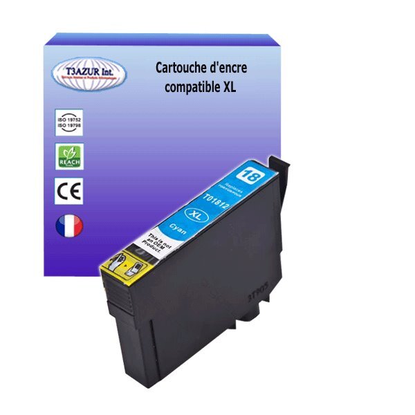 Cartouche Compatible pour Epson XP102, XP202, XP205, XP212, XP215, XP225, XP30, XP302, XP305, XP312 remplace Epson T1812  (18XL) Cyan - T3AZUR