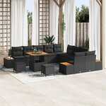 Ensemble de canapé de jardin 13 pièces avec coussins Noir poly rotin Acacia
