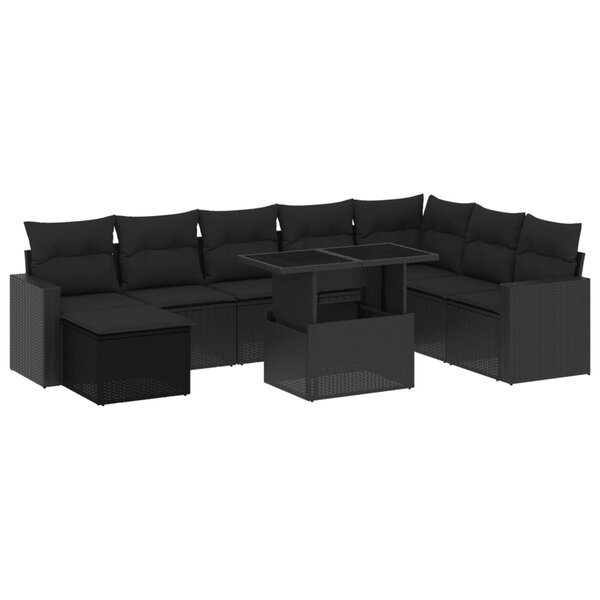 vidaXL Salon de jardin 9 Pièces avec coussins noir résine tressée