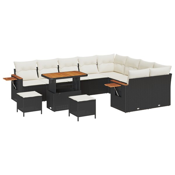 Ensemble de canapé de jardin de 12 pièces avec coussins noir poly rattan acacia
