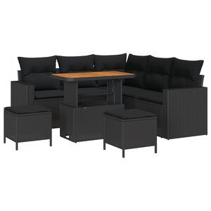 vidaXL Ensemble de canapé de jardin 8 pièces avec coussins en rotin poly noir et acacia