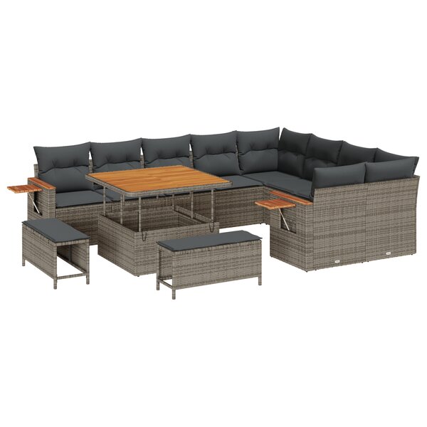 Ensemble de Canapés de Jardin 12 pièces avec Coussins Gris Poly Rattan Acacia