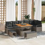 Canapé jardin 9 pièces avec coussins gris poly rotin acacia