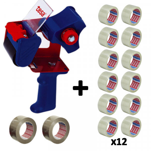 Dévidoir en métal + 14 rouleaux de rubans adhésif tesa basic transparent havane