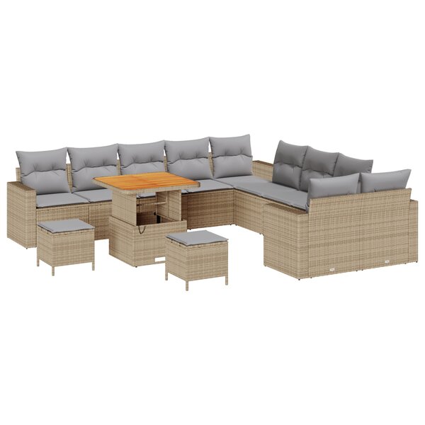 Ensemble de canapé de jardin de 13 pièces avec coussins Beige Poly Rotin Acacia