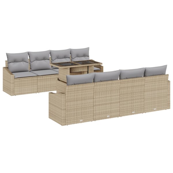 vidaXL Set de canapé de jardin 9 pièces avec coussins Beige Poly Rotin