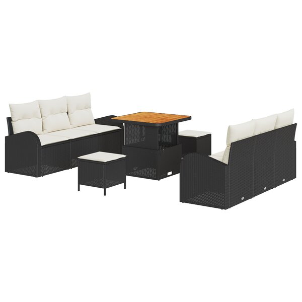 Set de Canapé de Jardin 9 Pièces avec Coussin Noir Rattan Synthétique Acacia