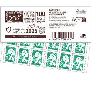 Carnet 12 timbres Marianne de l'avenir - Lettre Verte - Couverture élection du plus beau timbre de l'année 2024