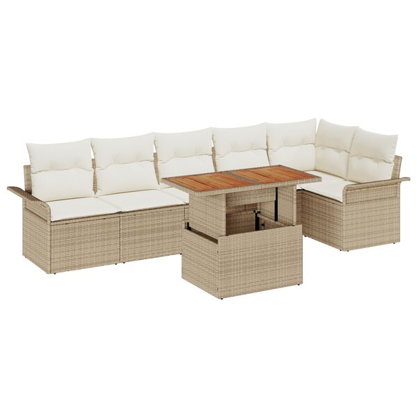 vidaXL Ensemble de Salle à Manger de Jardin de 7 Pièces avec Coussins Beige Poly Rattan Acacia
