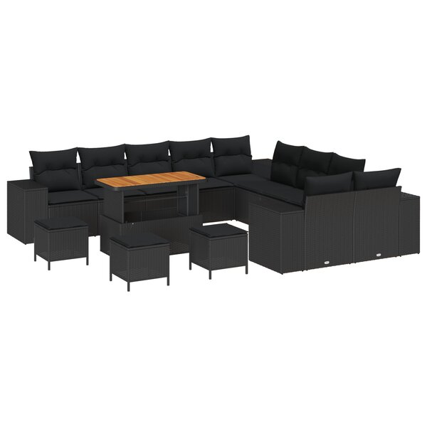 Ensemble de Canapés de Jardin de 14 Pièces avec Coussins en Rotin Poly Noir Acacia